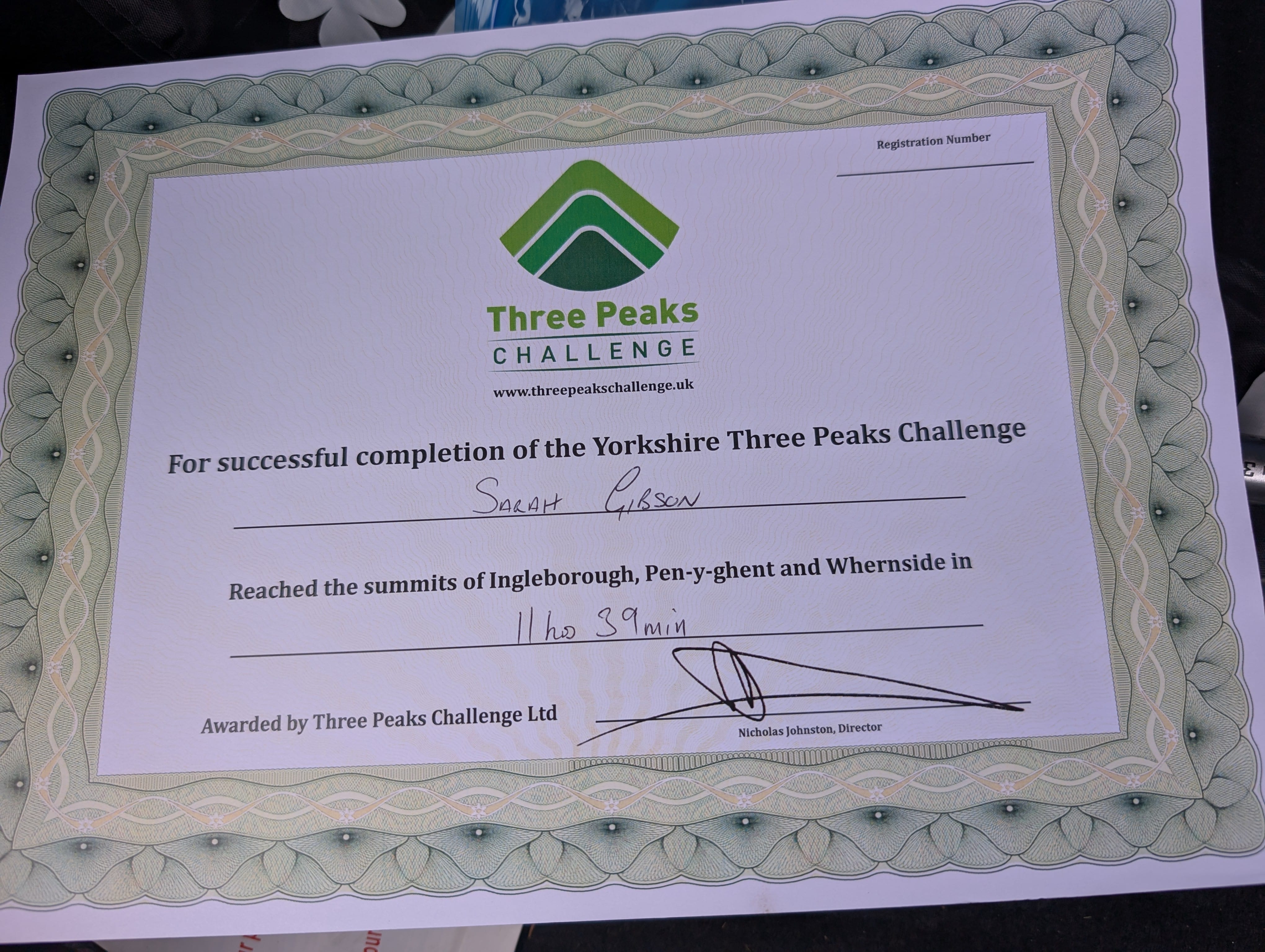 My completion certificate for the Yorkshire Three Peaks Challenge
